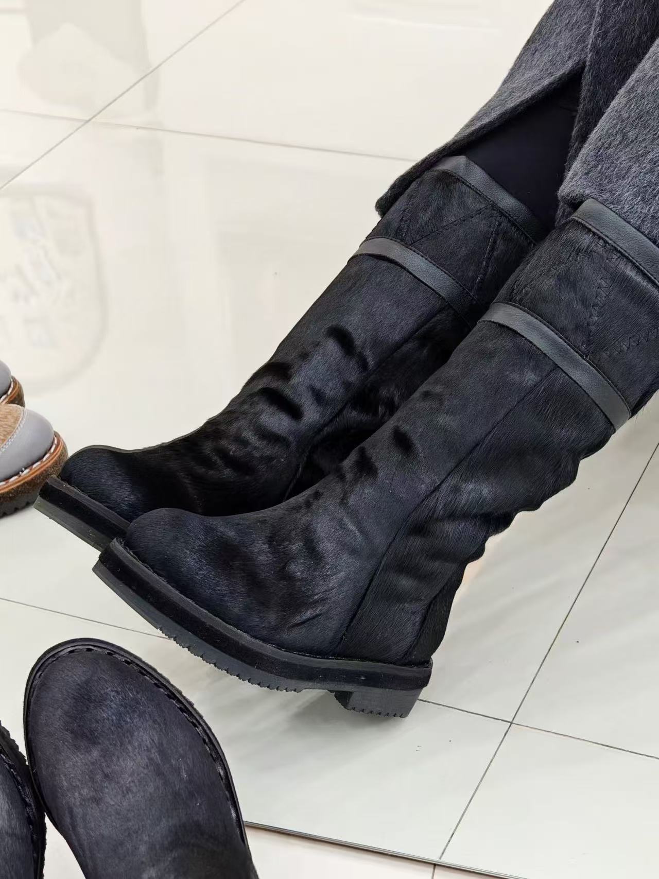 马毛靴马素面时尚雪地靴高帮马丁靴皮靴时装靴