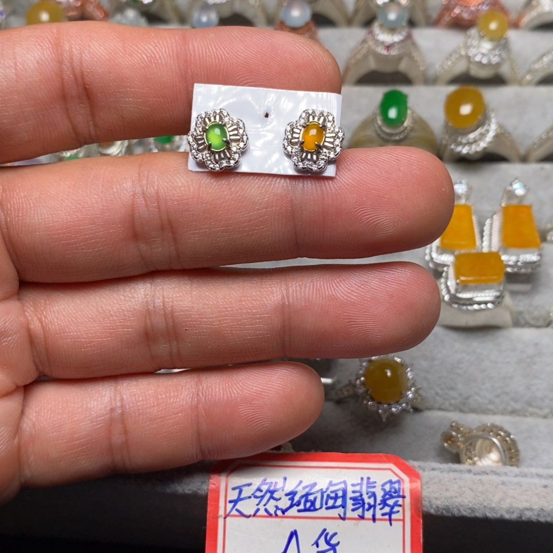 翡翠耳饰银S925镶嵌耳钉