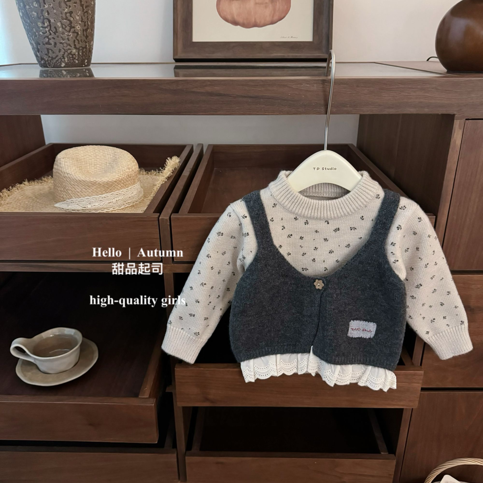 【甜品起司】叠穿公式！韩系女宝宝洋气小碎花假两件花边毛衣针织衫