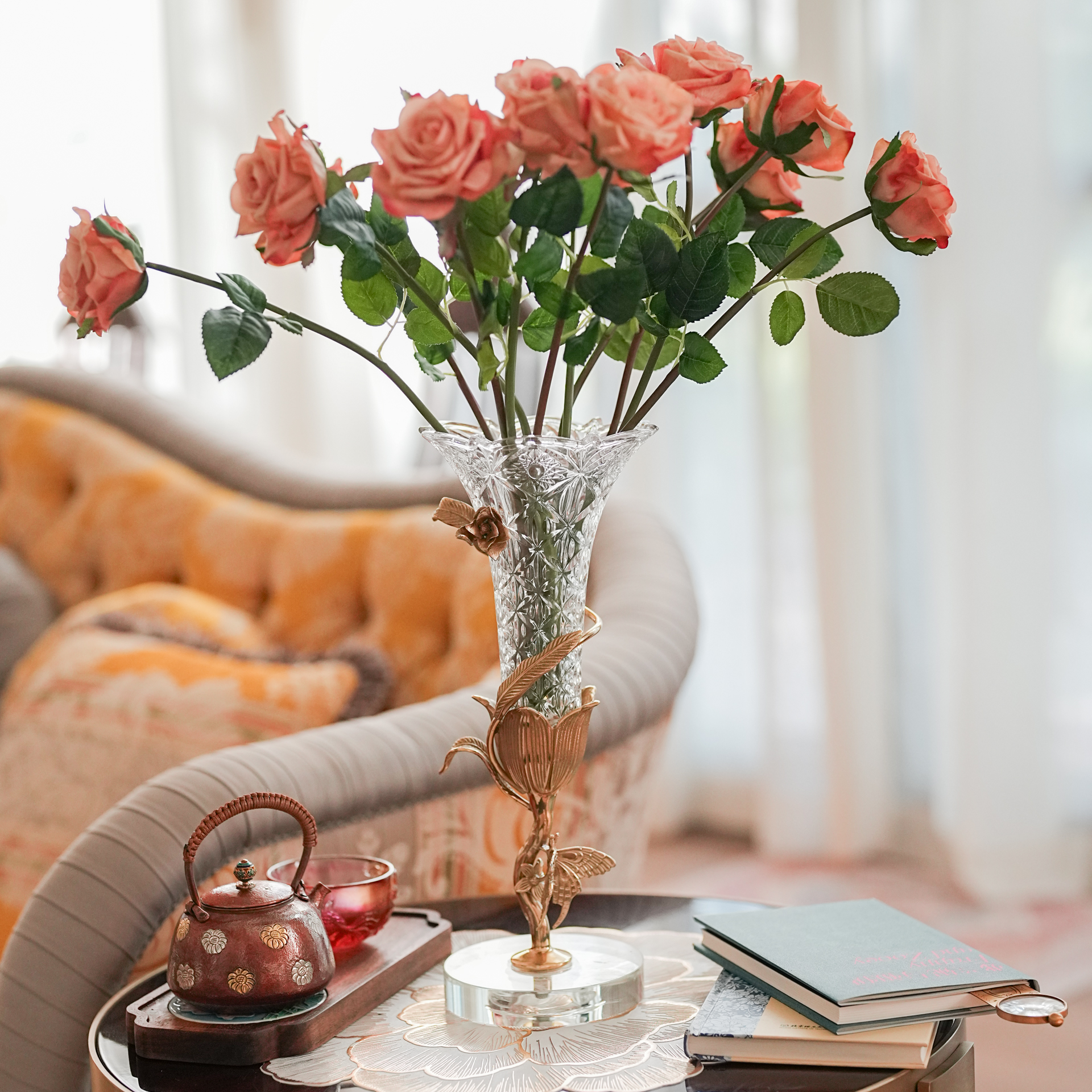 【奇居腾飞】轻奢兰花黄铜玻璃花瓶 客厅餐厅装饰摆件 组合#GY