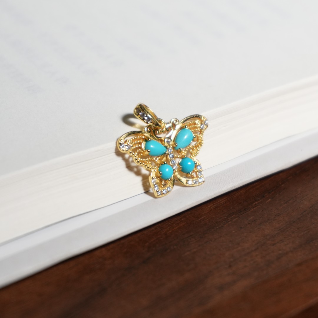 C1407 绿松石银925镶嵌 绿松蝴蝶吊坠