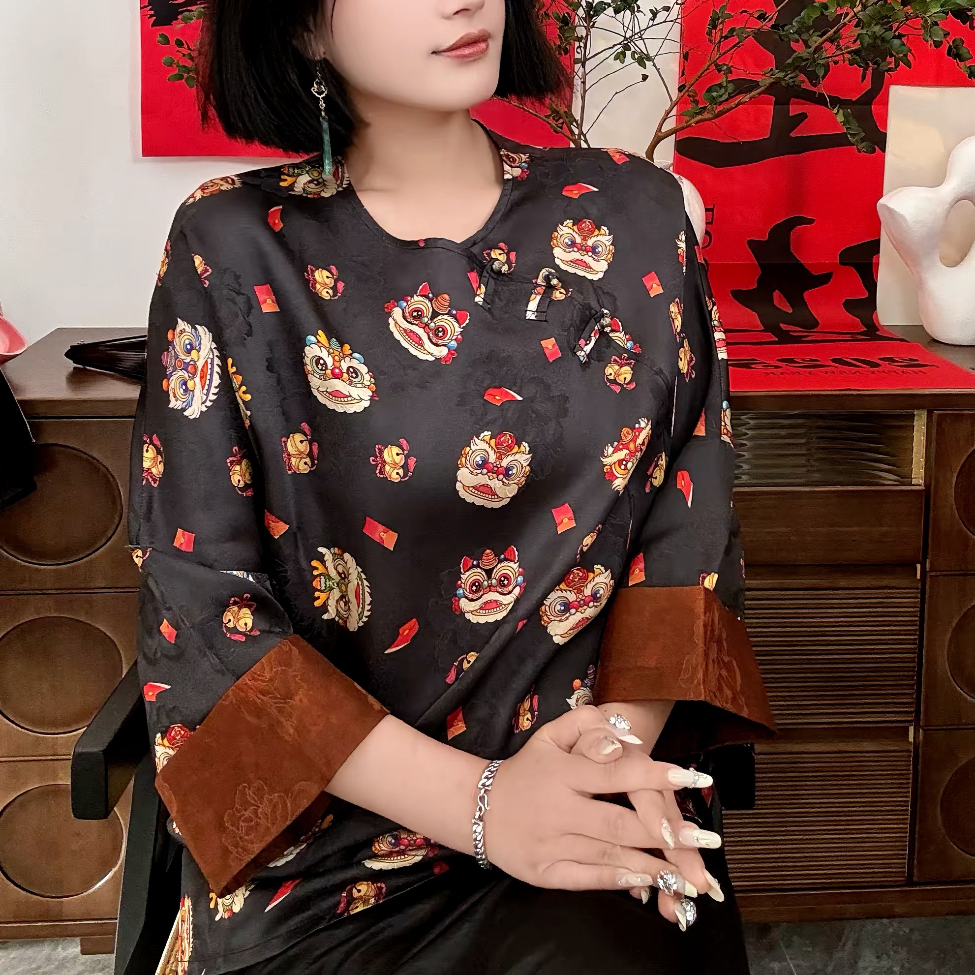 【醒狮】早春新款中式醒狮提花复古拼接宽松上衣