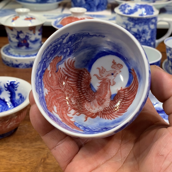 自成堂柴窑青花凤凰杯