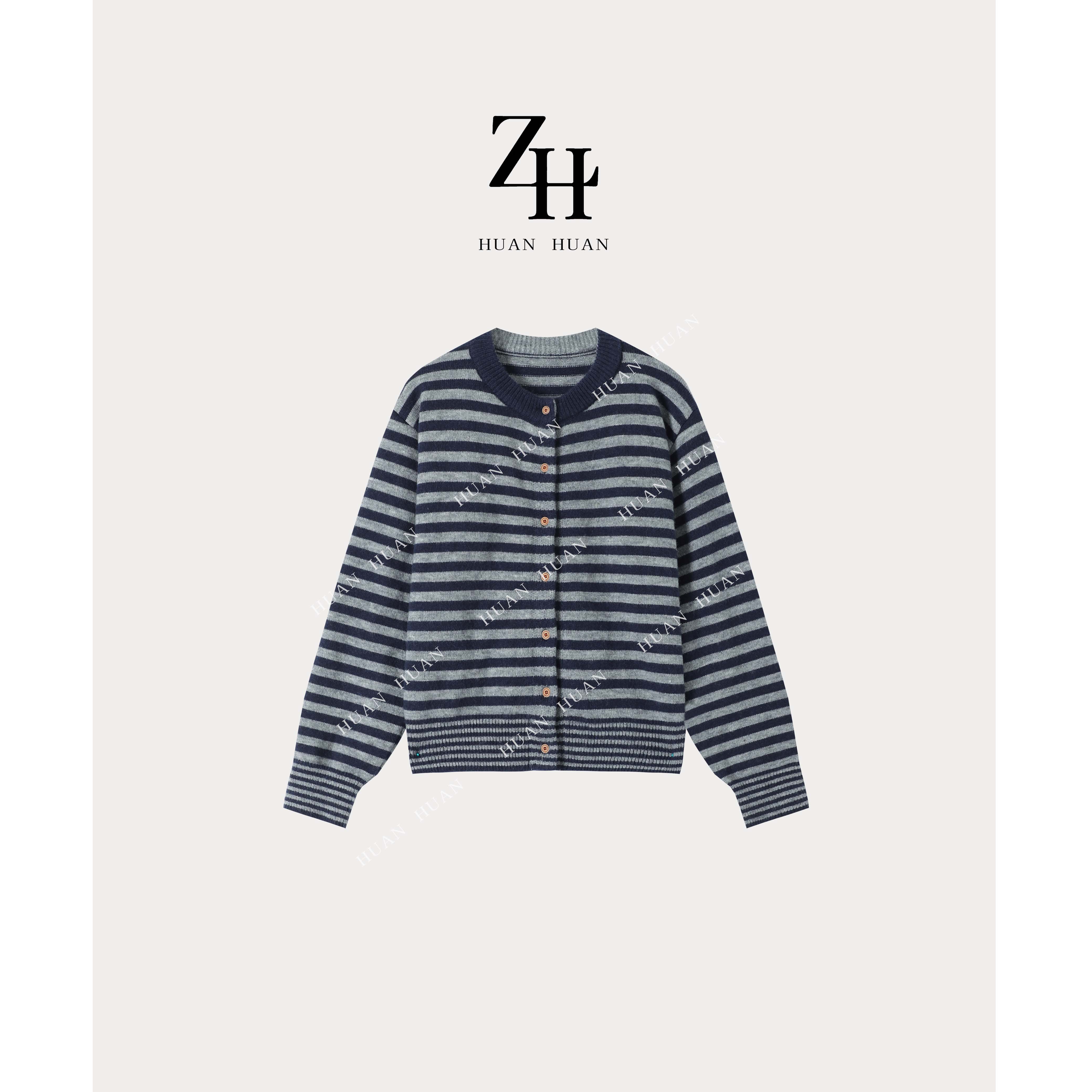 【ZH】复古撞色圆领单排扣蓝条纹针织开衫 15003