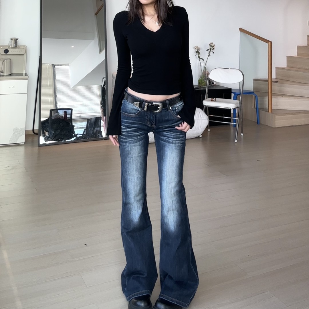 美式辣妹水洗低腰微喇牛仔裤女秋季新款修身弹力显瘦直筒阔腿裤子