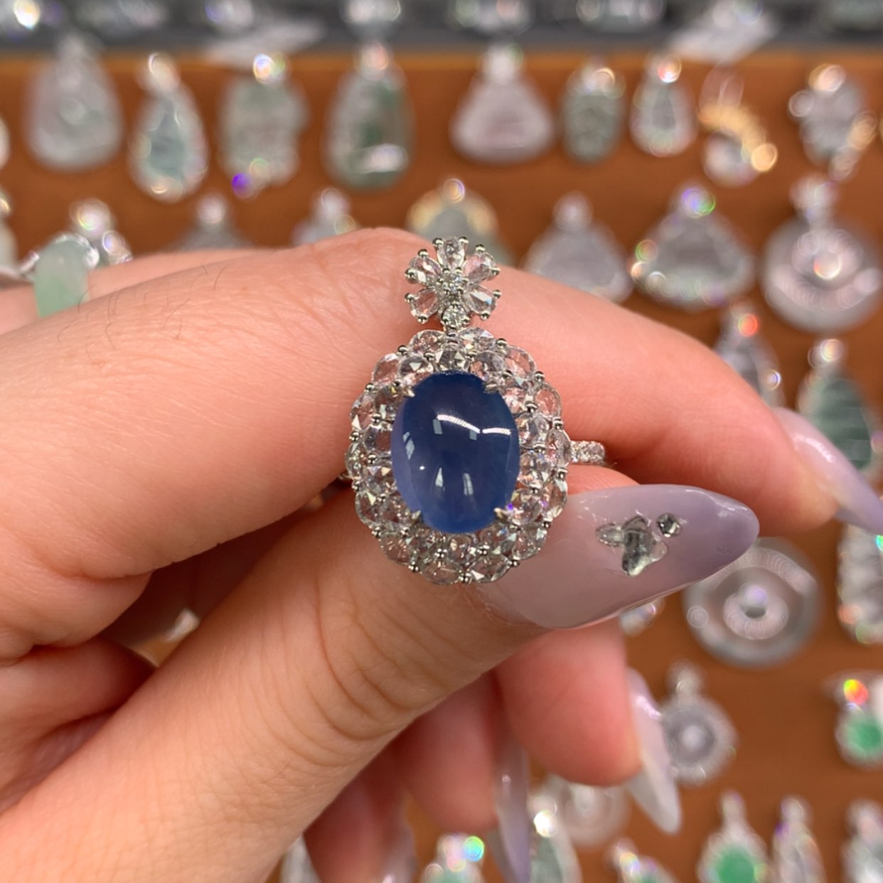 【闪购商品】翡翠18K金镶嵌戒指蓝紫蛋面两带款