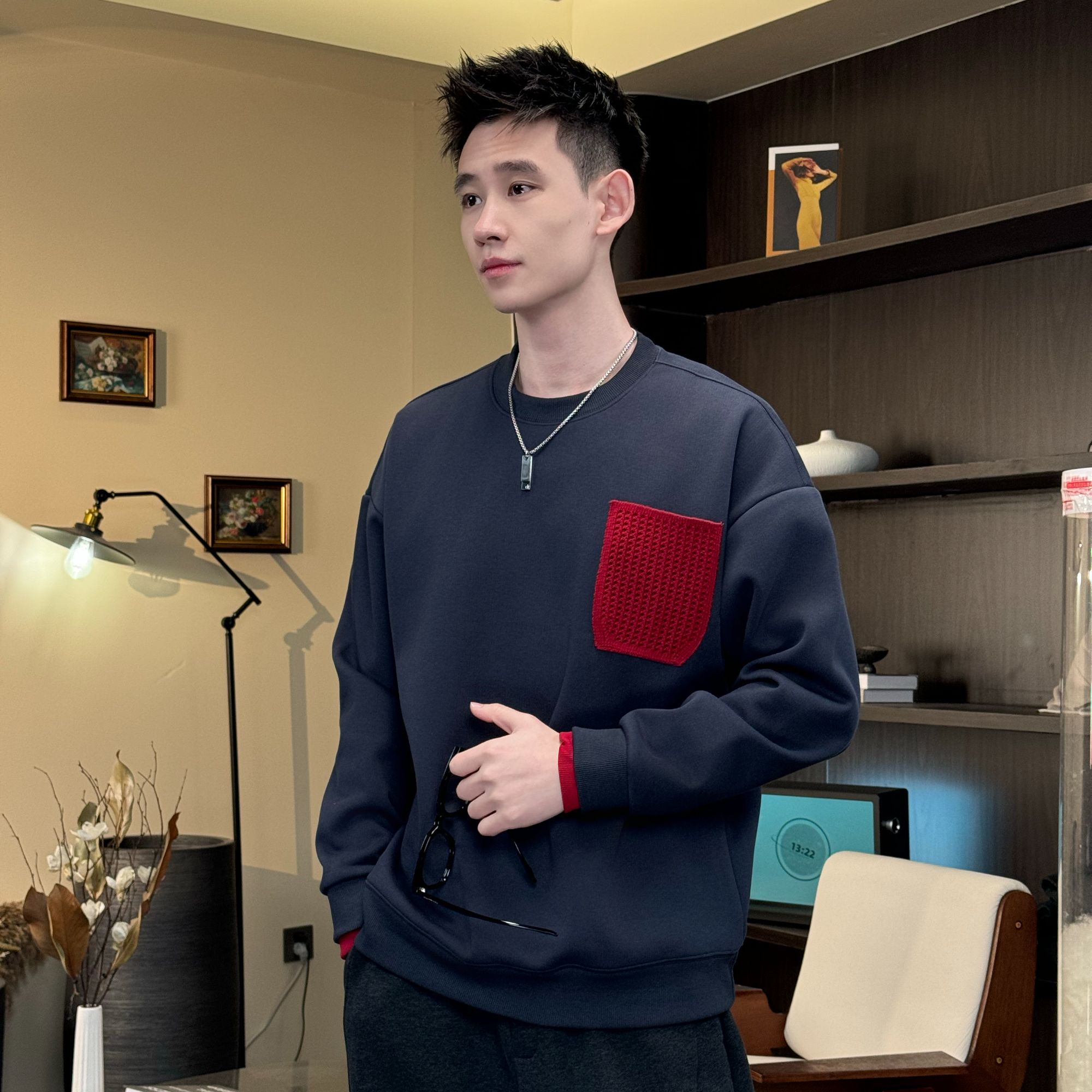 冬季新款加绒撞色休闲款假两件长袖针织口袋百搭男卫衣