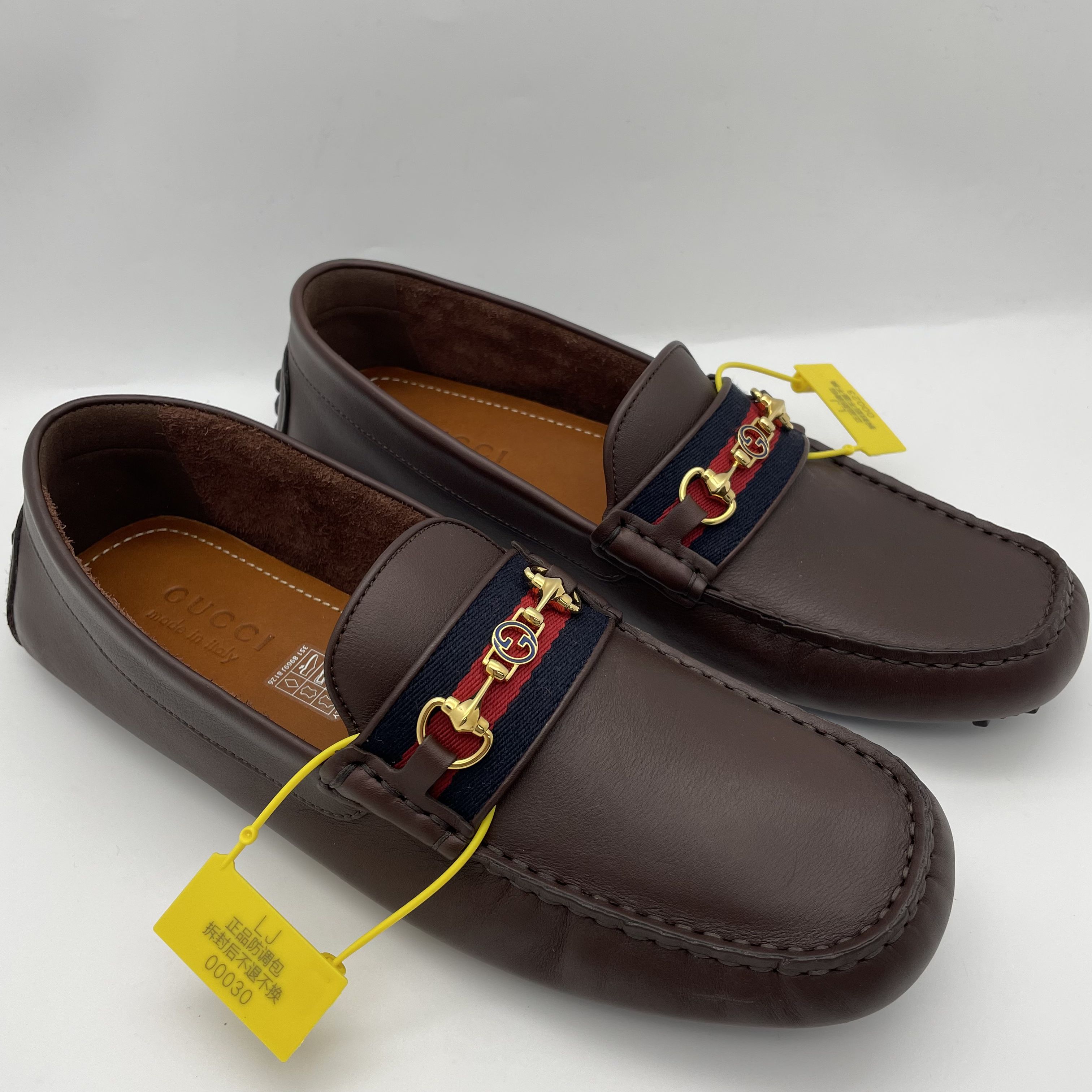 99新 GUCCI/古驰 42码/红棕色双G马衔扣休闲豆豆鞋/全套未使用