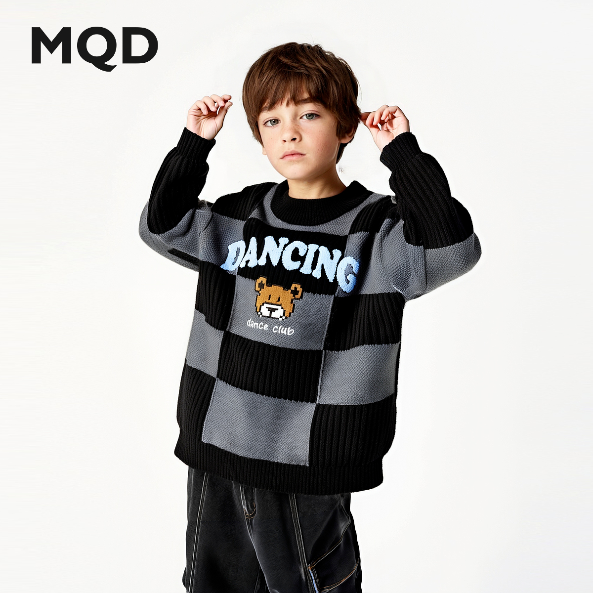 MQD童装男童毛衣冬季新款棋盘格加厚保暖半高领针织衫945420728