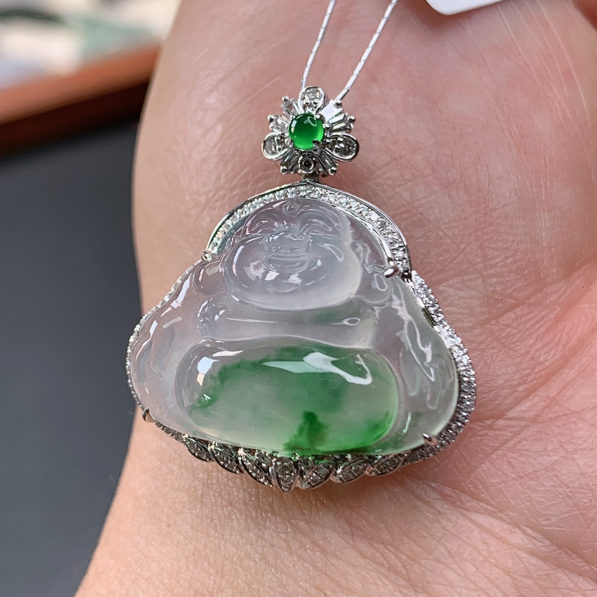 缅甸天然A货翡翠18K金镶冰种飘阳绿佛公吊坠27.7×24.5×8.8mm