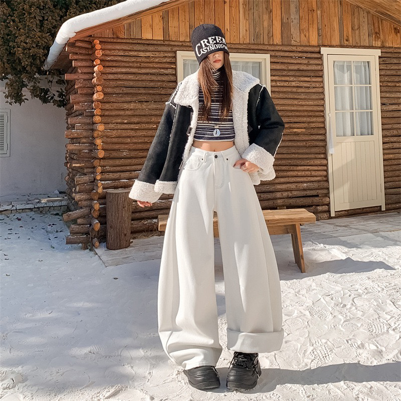 【悦己】白色加绒高腰宽松阔腿显瘦秋冬弯刀牛仔裤女百搭