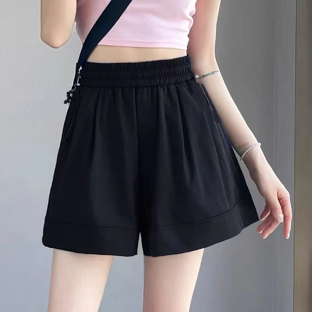 【春邮实体】高腰纯色夏季透气拼接慵懒风短裤松紧腰8102