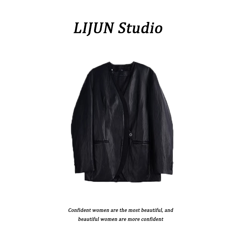 LIJUN Studio【高端皮质】JIN口微皱蛋白皮拼接ZHEN丝新款西装