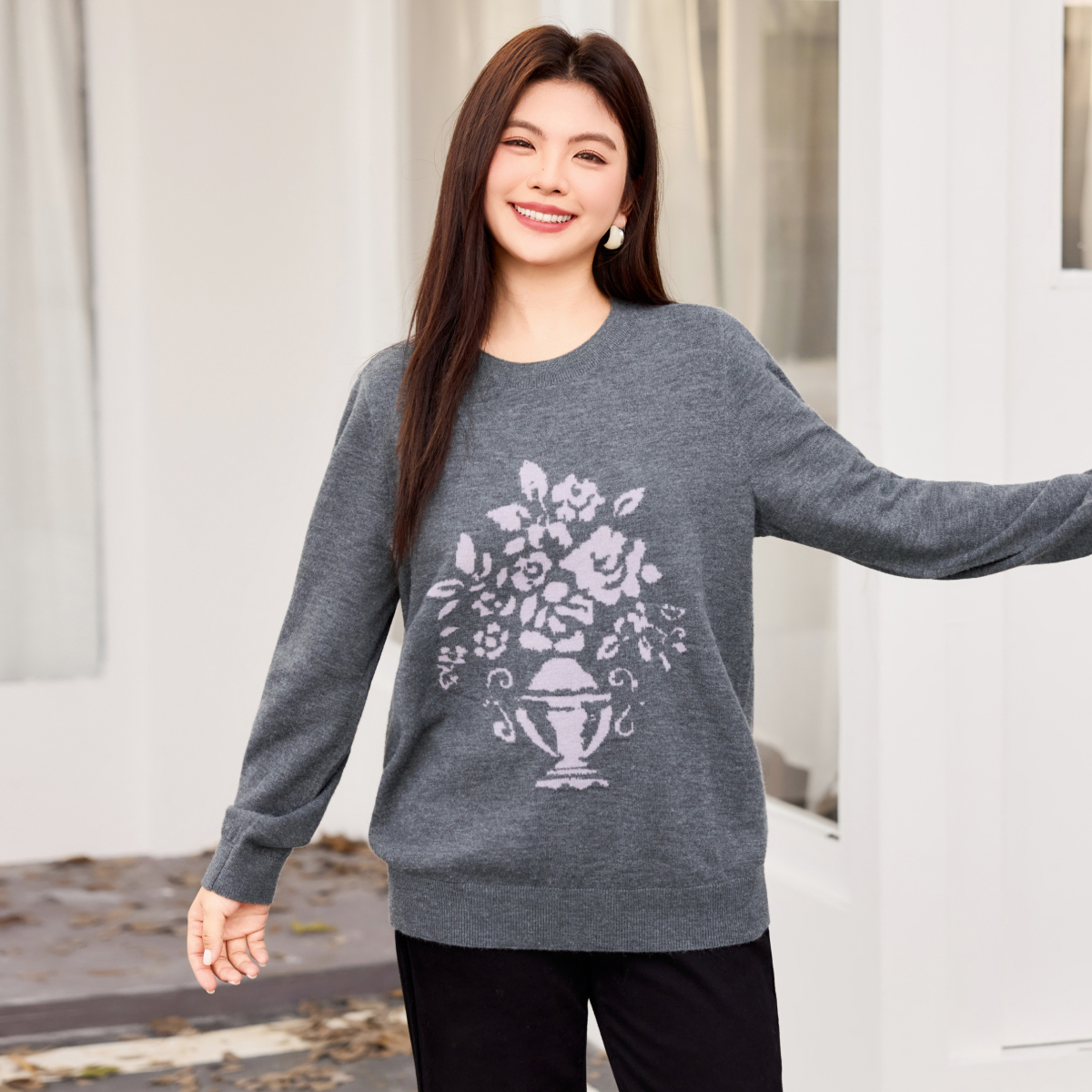 【温婉娴静】MsShe大码女装2025冬装慵懒宽松提花套头毛衣Q2510006