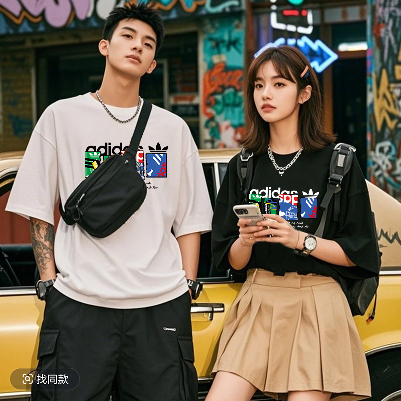 美式复古宽松短袖夏季圆领T恤印花潮流休闲个性高级感男士百搭T恤