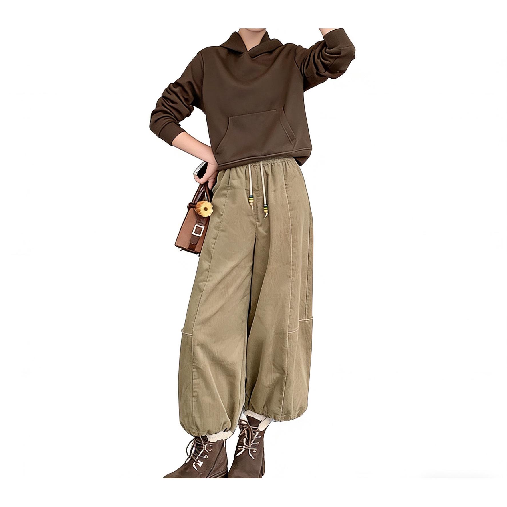 绿泡泡休闲裤 低饱和全棉松紧腰灯笼阔腿裤