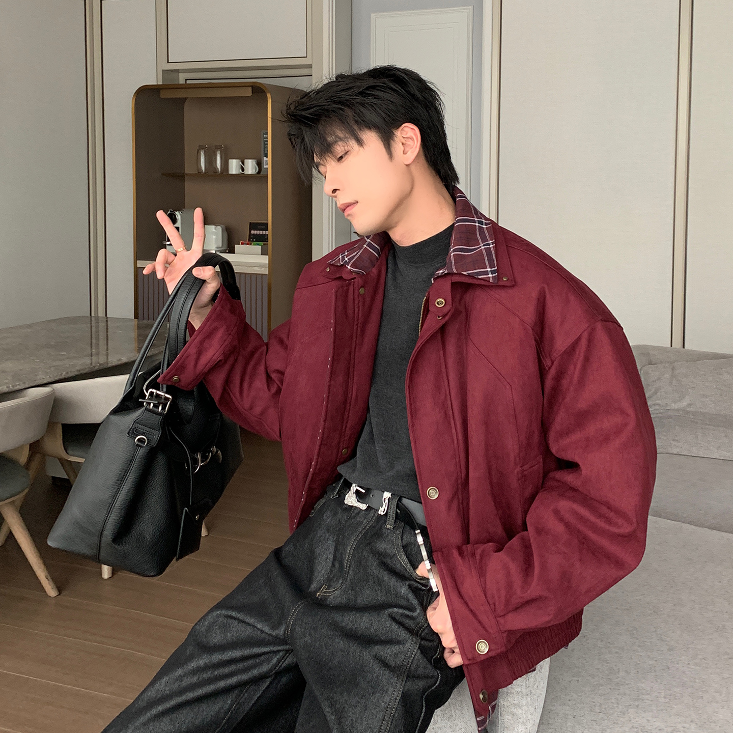 一轩轩轩【北平知秋】冬季假两件格纹拼接麂皮复古夹克羽绒服880635