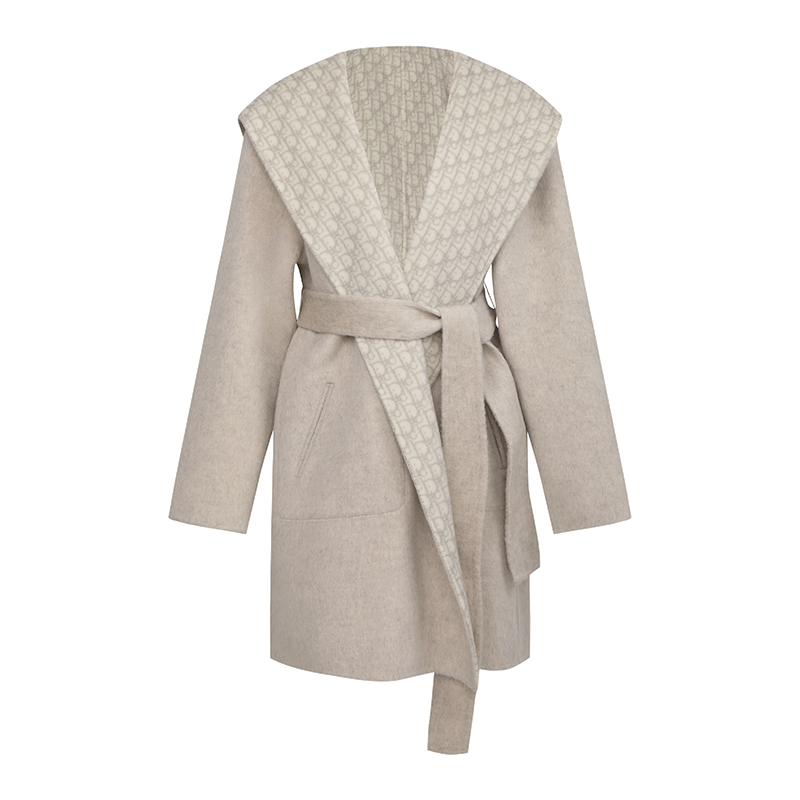 迪奥名莎秋冬中长款羊毛双面呢大衣系带连帽外套