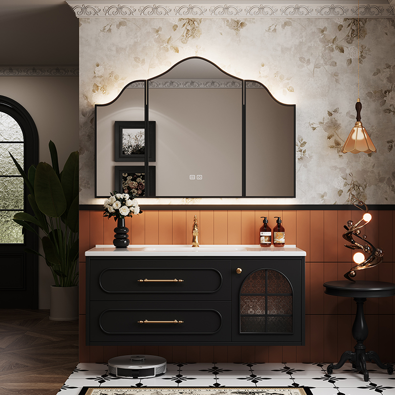 法式复古浴室柜组合实木美式轻奢卫浴吊柜卫生间一体盆洗漱洗手台