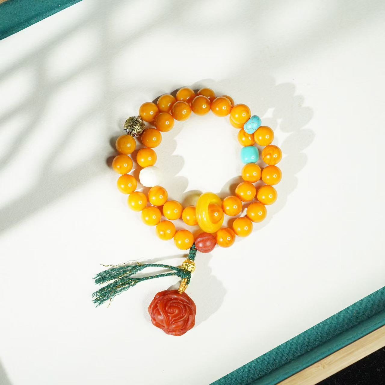 鸡油黄老蜡双圈手链diy花开富贵