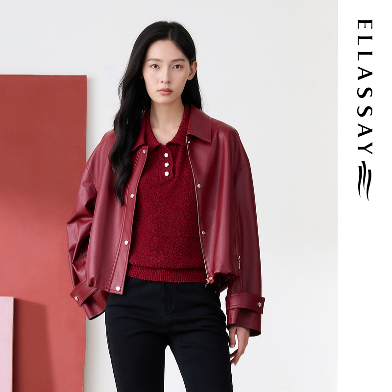 ELLASSAY歌力思26早春新款金标绵羊皮廓形酒红皮衣女EWE371X00100