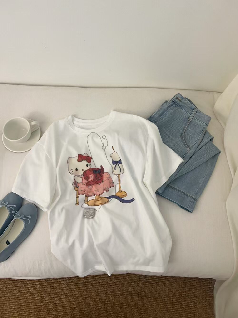 常规休闲风吸汗短袖猫咪卡通T恤套装夏装时尚夏季圆领