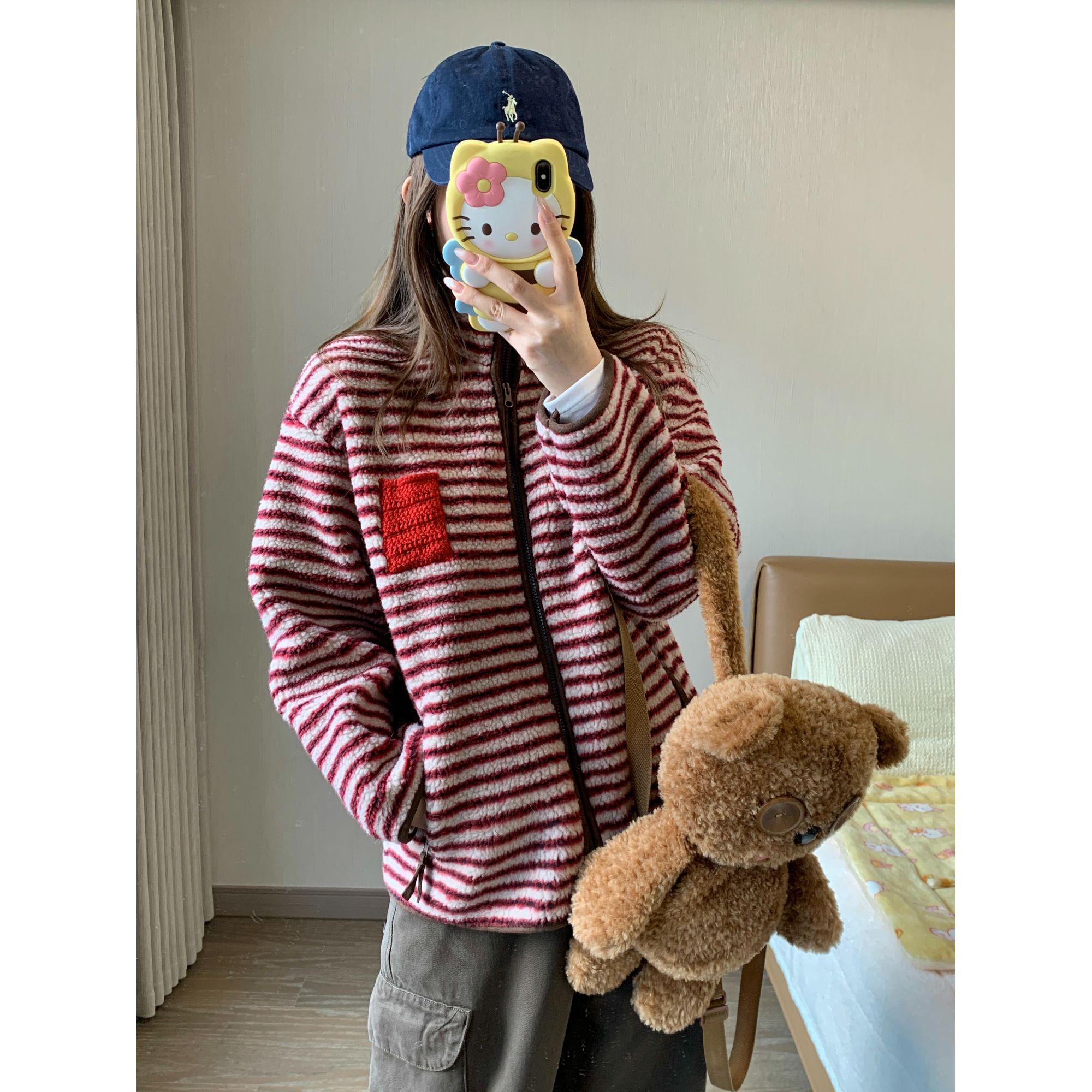 小沈美眉 莓莓榛果派 条纹爱心波点厚外套秋冬立领羊羔毛上衣女