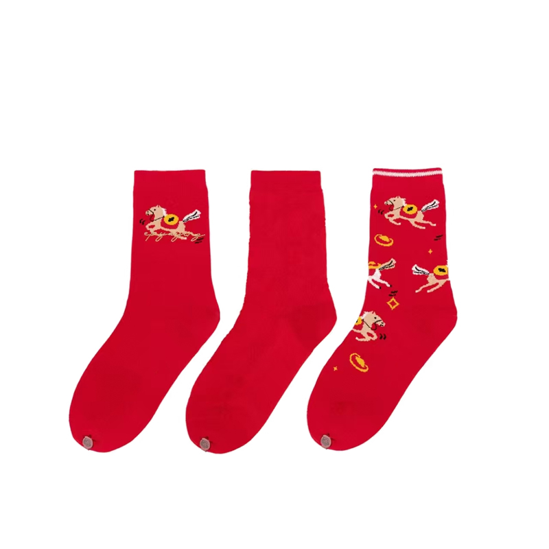 TY-【天邑严选】新年红刺绣小马3双装中筒袜子U09A