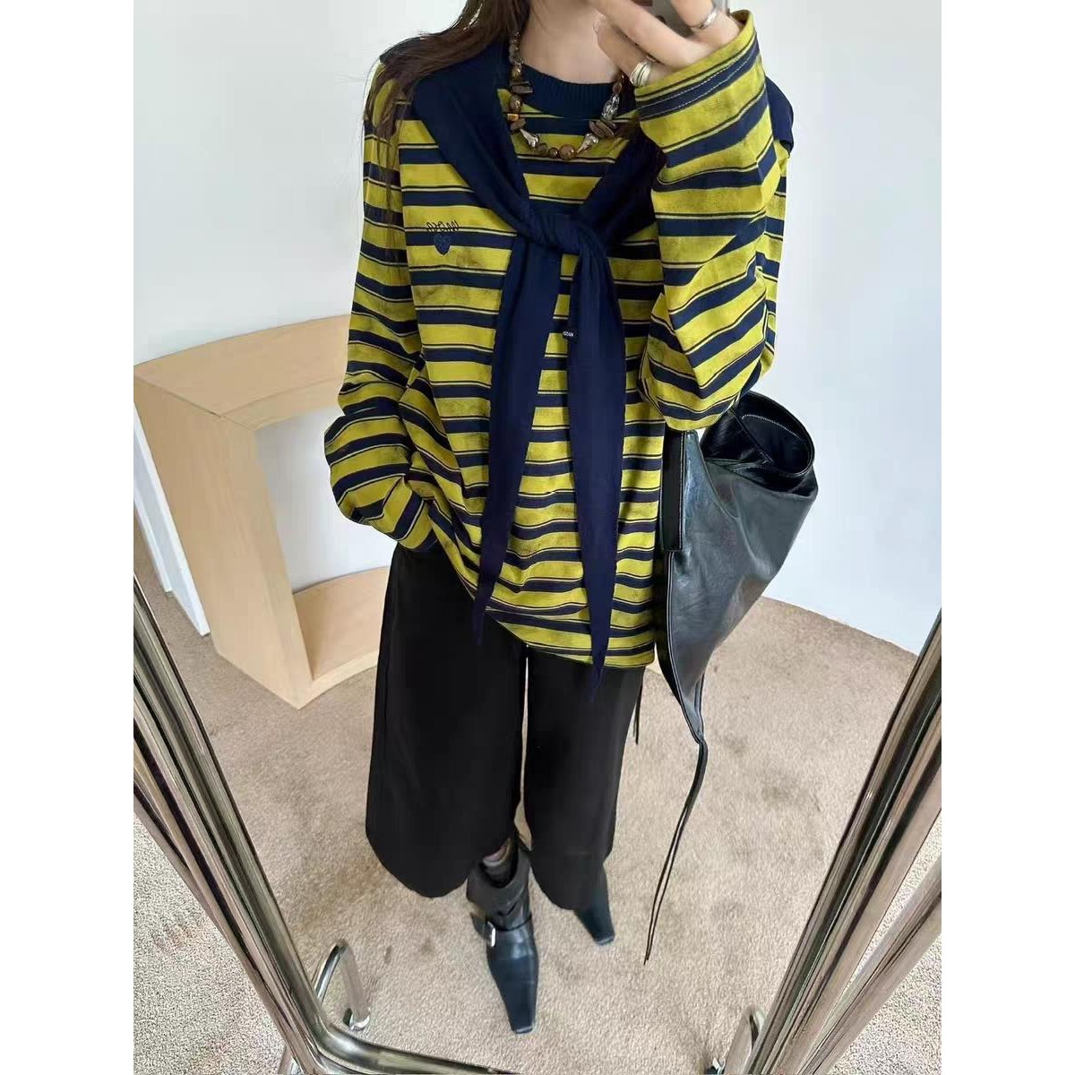 欧洲站2025早秋新款韩版圆领条纹宽松披肩两件套长袖中长款T恤女