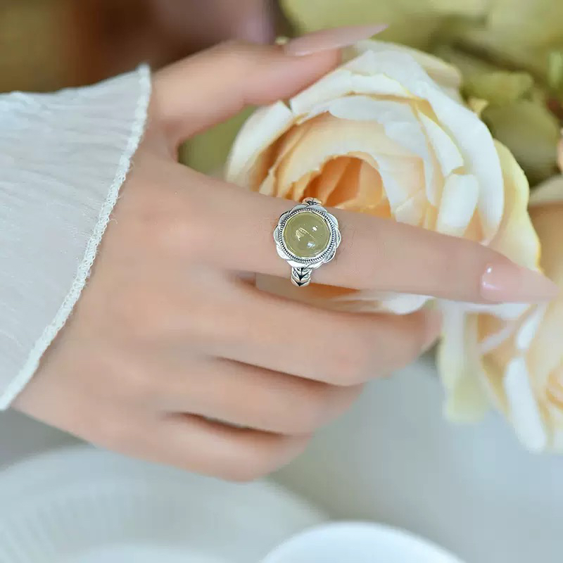 S925银 天然和田玉叶子戒指女款轻奢高级感小众设计