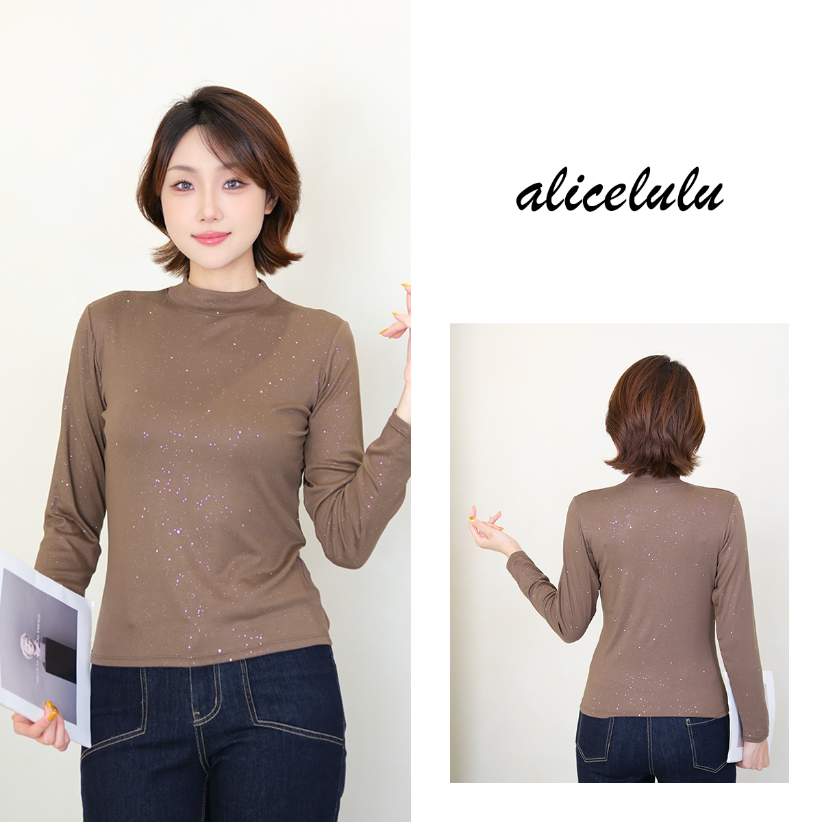 6 alicelulu 时髦轻奢长袖烫钻半高领修身打底衫 S2144287U