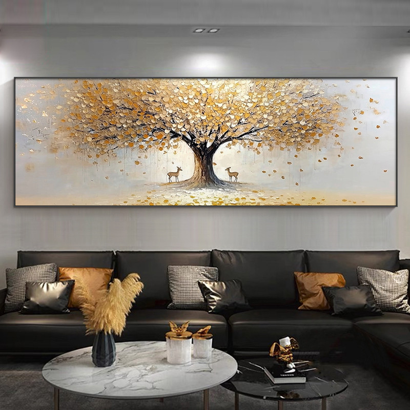 新款金色发财树油画客厅挂画大芬村纯手绘装饰画横幅沙发背景墙挂