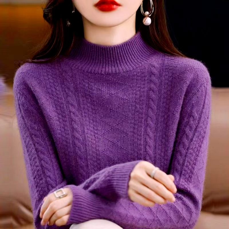 【重磅加厚】100%纯羊毛衫女半高领套头加厚毛衣新款提花针织打底衫