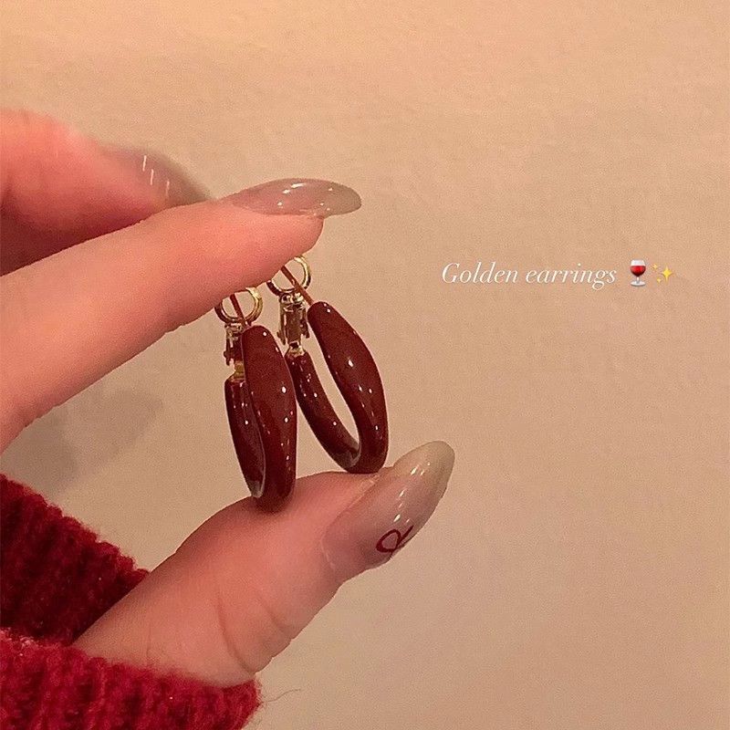 铜合金耳饰 安可拉红耳圈女法式小众高级感气质百搭