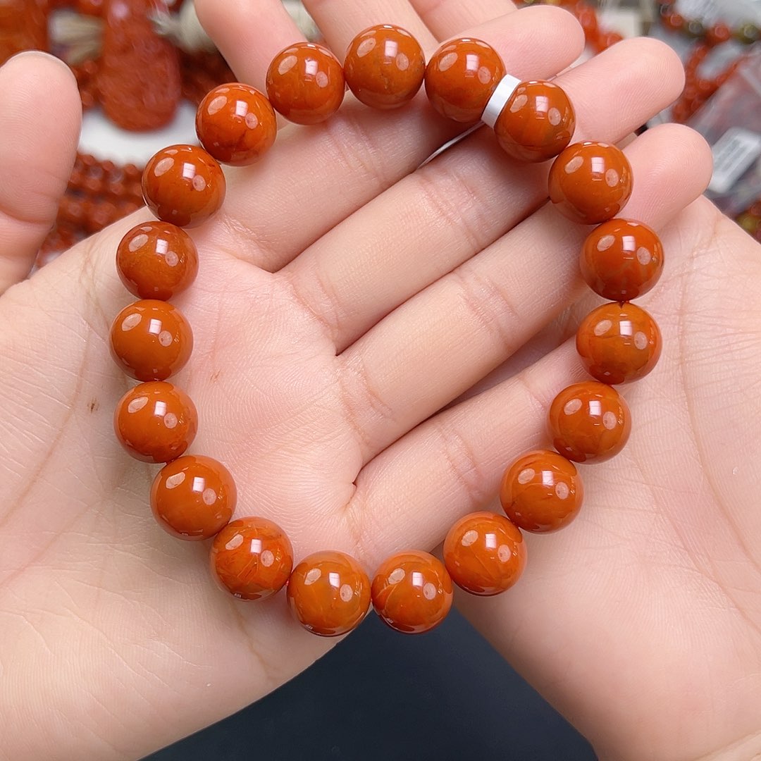 南红玛瑙未镶嵌手链川料柿子红火焰满肉单圈11mm