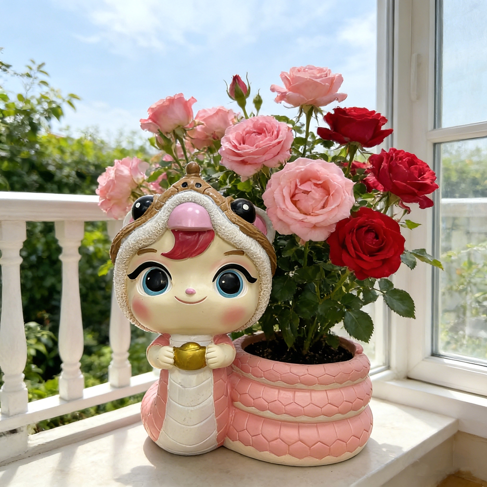 可爱卡通灵蛇宝宝抱元宝花盆庭院花园庭院花卉养殖装饰盆栽