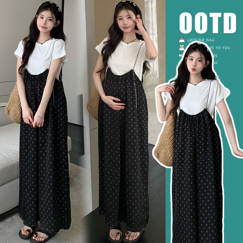【颜若兮】孕妇装夏季新款T恤+韩版波点背带裤孕妇套装