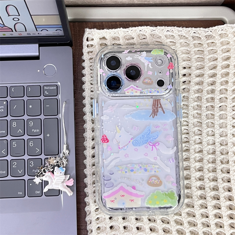 全包闪粉彩色房屋小马+挂饰适用16promax手机壳iPhone17苹果15/14