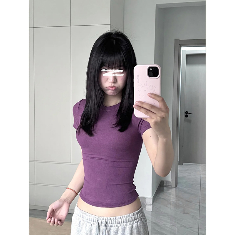 Moses Queen/魔西女王紫色美式正肩辣妹设计感修身显瘦短袖上衣