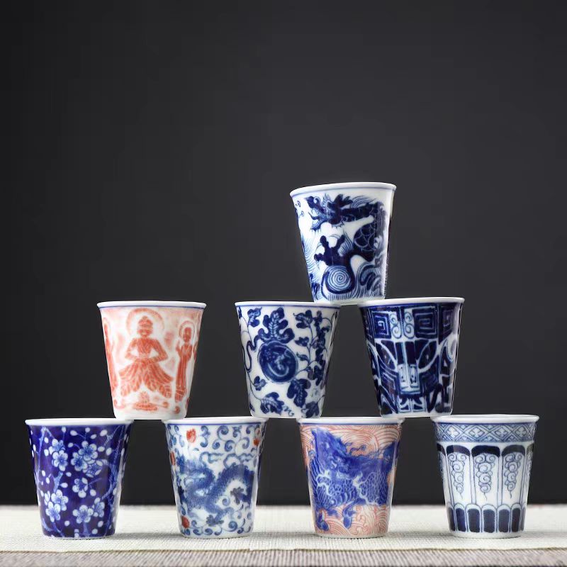 青花瓷景德镇复古手指茶杯主人杯中式陶瓷功夫茶具可乐杯50ml