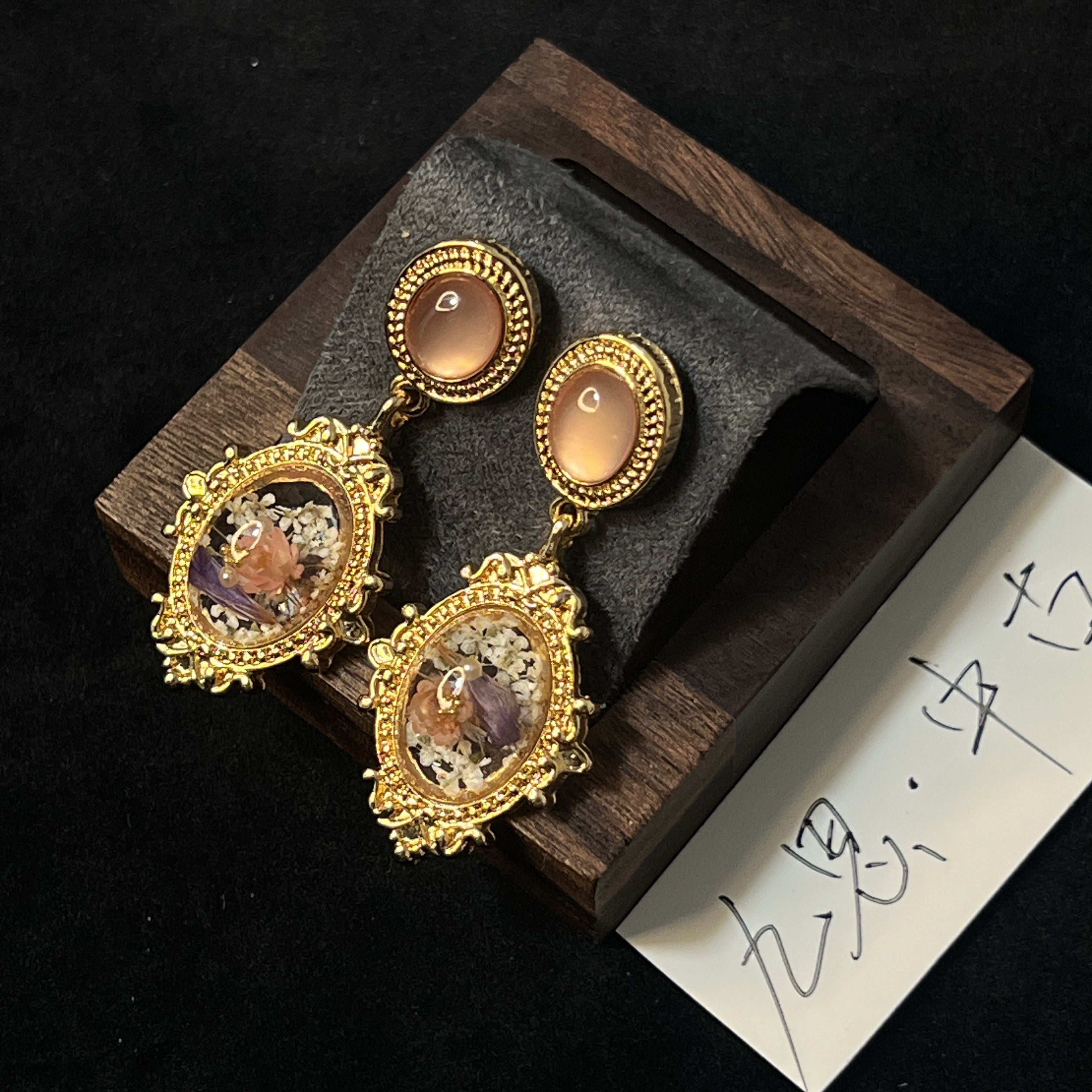 925银玻璃耳饰 干花耳饰 铜合金水滴镀金耳饰 新中式古典胭脂粉