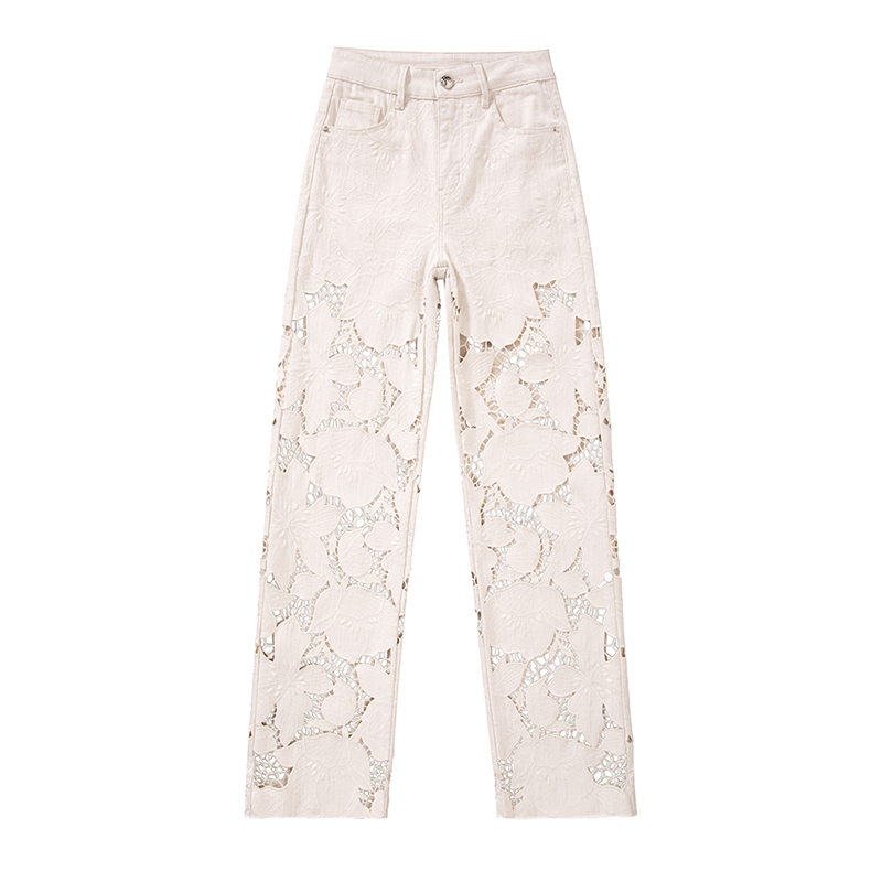 【安哥】夏季新款时尚重工杏色镂空绣高腰显瘦阔腿牛仔裤女8828C