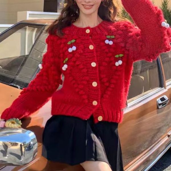 KIKI严选：2597-SDP家欧货南油秋冬棒针樱桃开衫小众设计针织毛衣