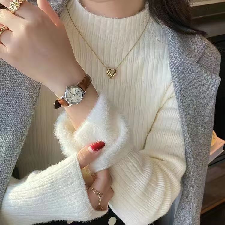 秋冬绒毛衣女打底衫半高领加厚保暖内搭一体仿水貂绒针织自色上衣
