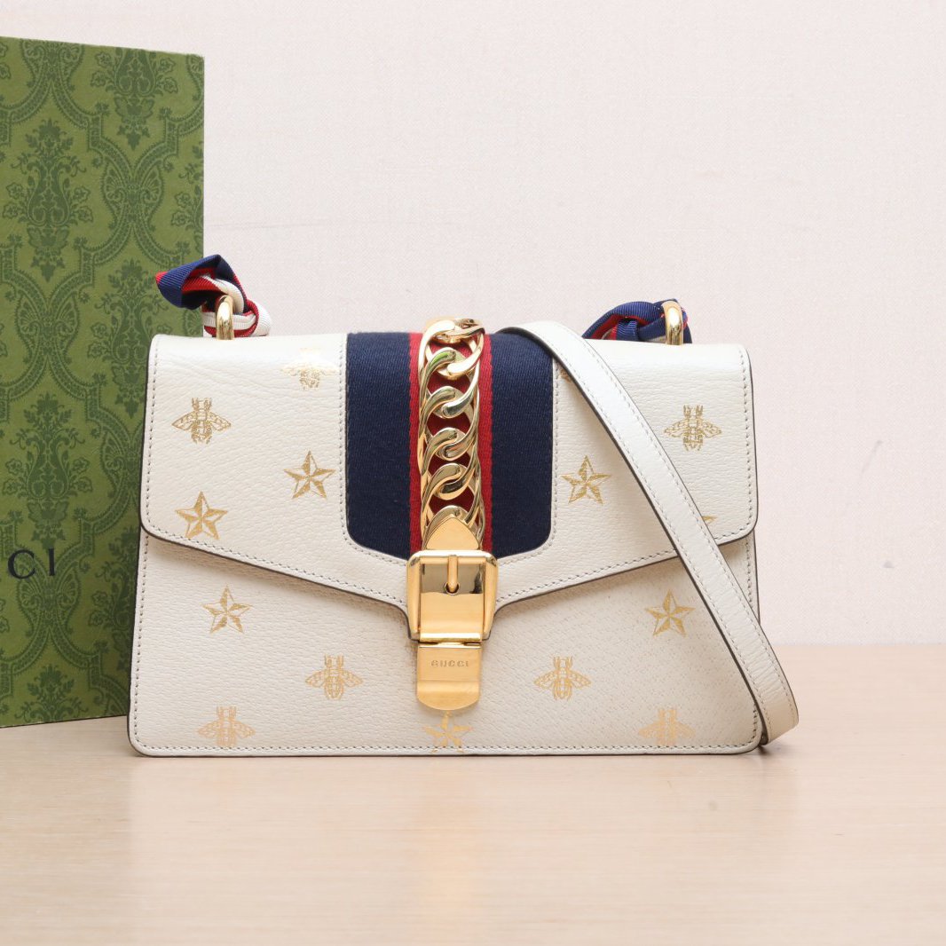 95新 GUCCI/古驰 攀攀. 塞尔维亚 丝带包 小号 白色 皮革C 金扣