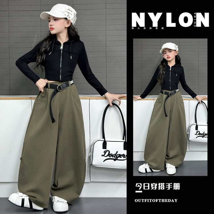 [麦哆哆」女童中大童秋季洋气针织帽衫韩版慵懒感百搭弯刀裤套装潮