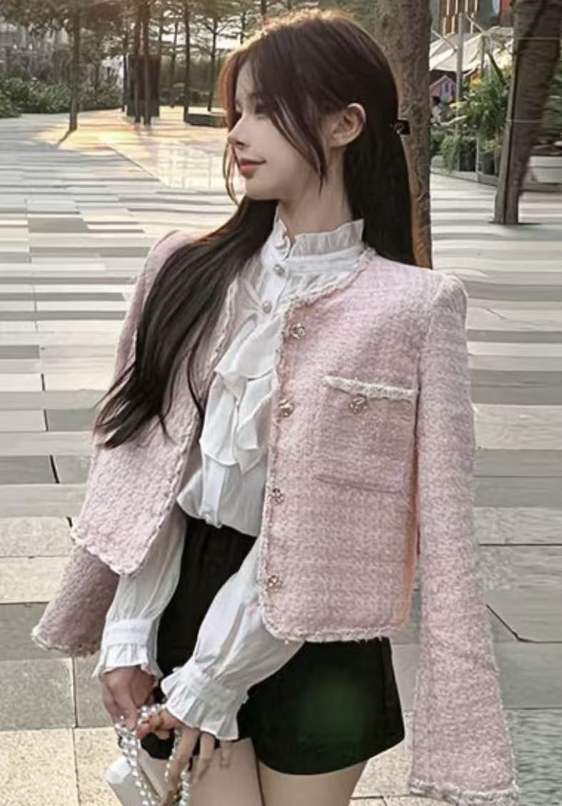 E1直播间展示为准 小香风纽扣女修身型法式短外套呢上衣时尚长袖