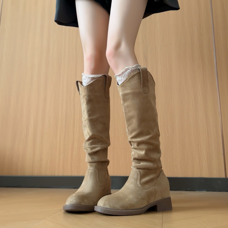 7cm~秋冬长筒靴粗跟内增高褶皱堆堆靴小个子显高瘦腿西部牛仔靴