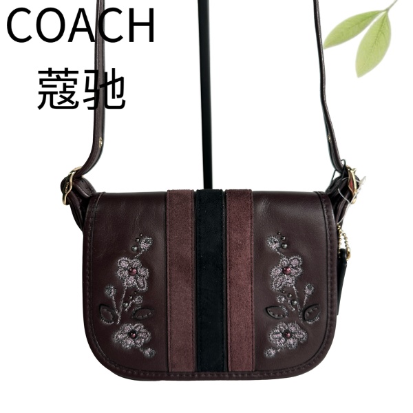 95新 COACH/蔻驰 紫红竖纹印花斜挎包G25905248底长18X14