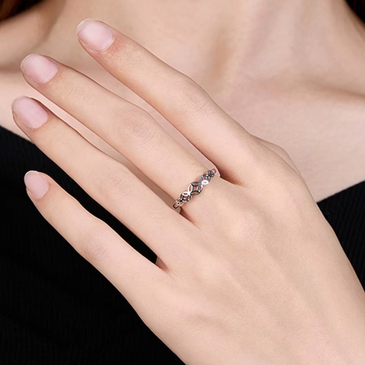 足银银制品 五帝币 金钱戒 甜美民族通用女可调节百搭银戒甜美18